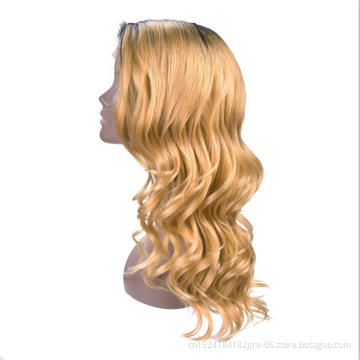 high temperature fiber wavy factory wholesale light brown ombre color synthetic lace front wig
